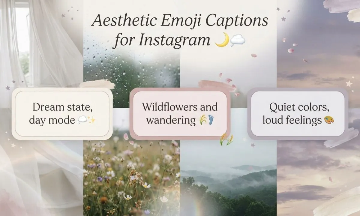 Aesthetic emoji captions for Instagram featuring dreamy, moody, and soft caption ideas for nature, sunsets, rainy days, and peaceful photos.