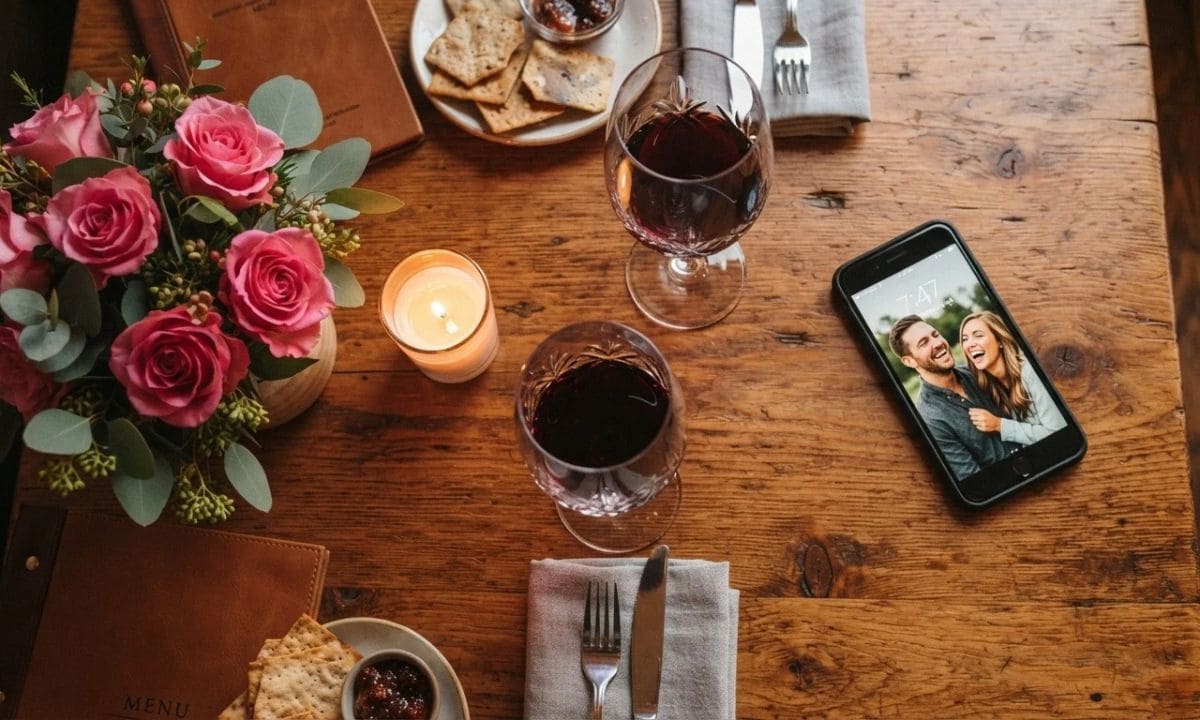 Best date night caption ideas for Instagram with wine glasses, candle, and roses on a romantic table