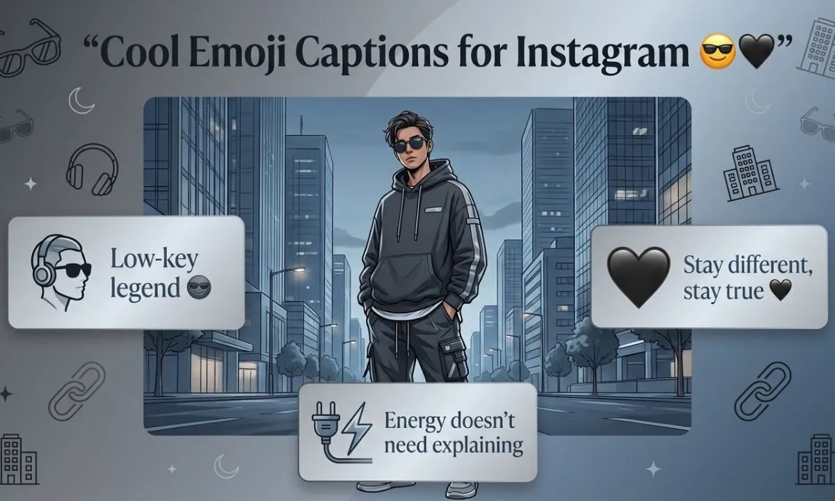 Cool emoji captions for Instagram featuring confident, laid-back, and stylish caption ideas for urban portraits and streetwear photos.