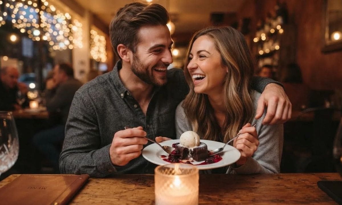 Cute date night captions for Instagram_ smiling couple sharing dessert in a cozy café