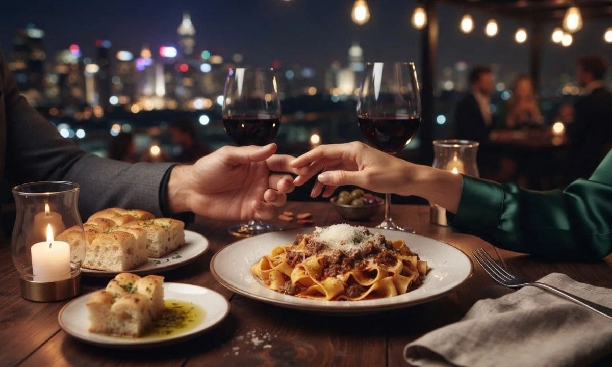 Dinner date night captions for Instagram_ plated dinner for two with wine and candlelight