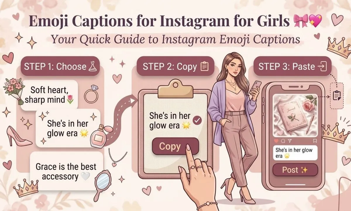 Emoji captions for Instagram for girls, featuring cute, aesthetic, classy, and confident caption ideas with hearts, flowers, and sparkles.