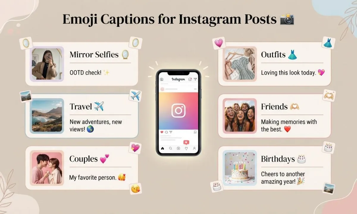Emoji captions for Instagram posts with examples for mirror selfies, outfits, travel, casual photos, friends, couples, and birthdays.