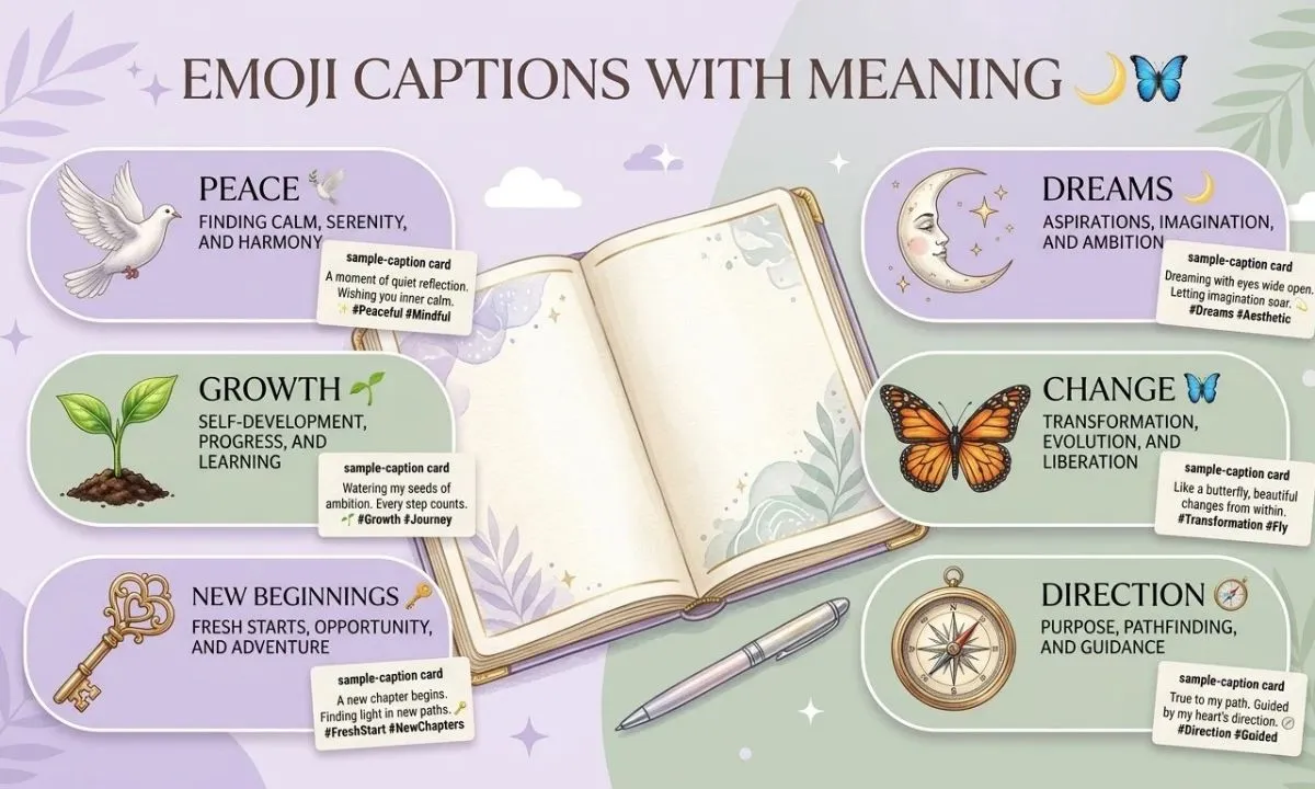 Emoji captions with meanings for Instagram, featuring peace, growth, dreams, change, protection, passion, and personal direction.