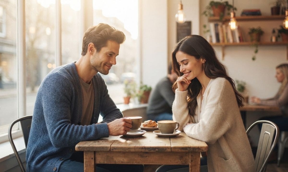 First date captions_ two people smiling shyly over coffee at a cozy café
