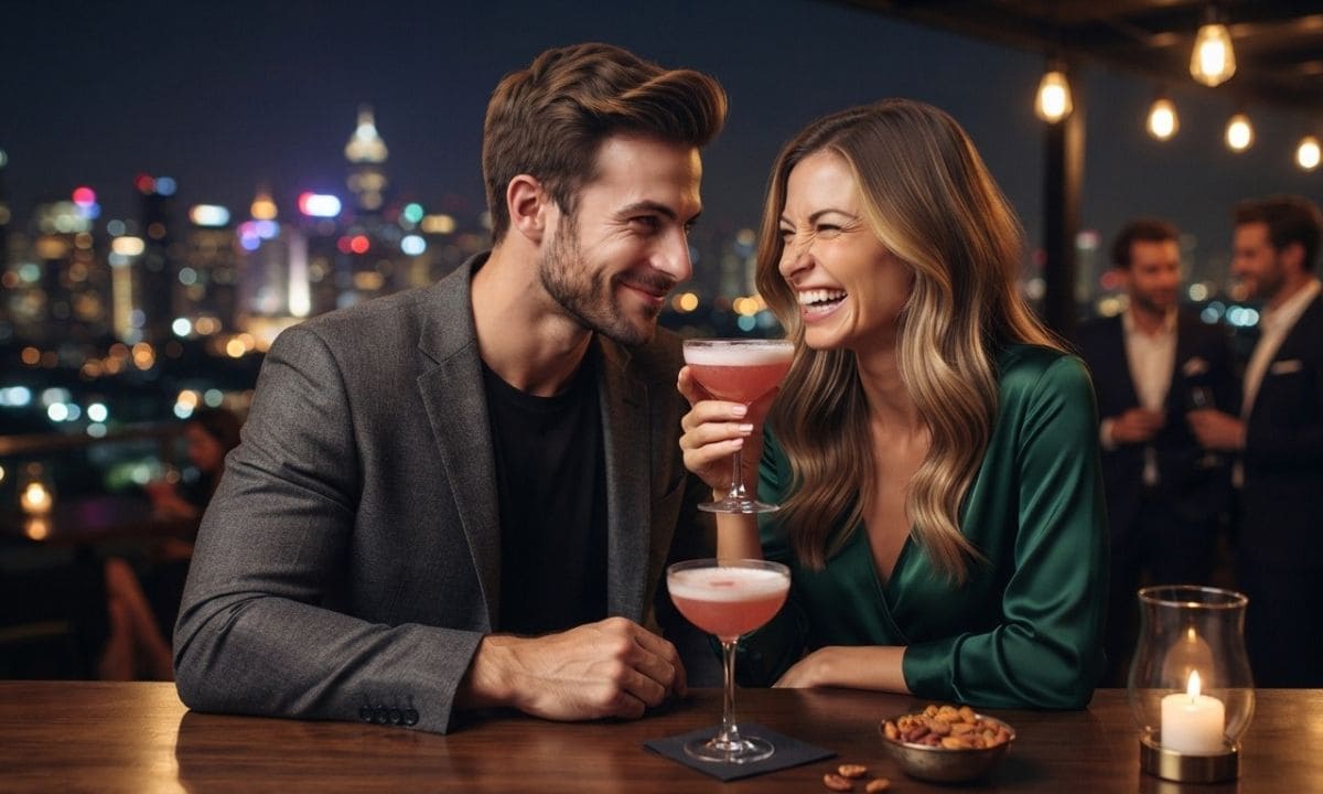 Flirty date night captions_ stylish couple sharing a playful moment at a rooftop bar at night