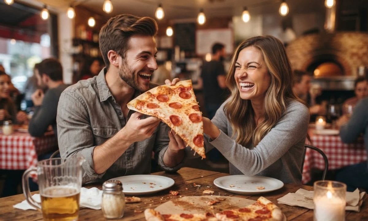 Funny date night captions for Instagram_ laughing couple with pizza making goofy faces at a restaurant