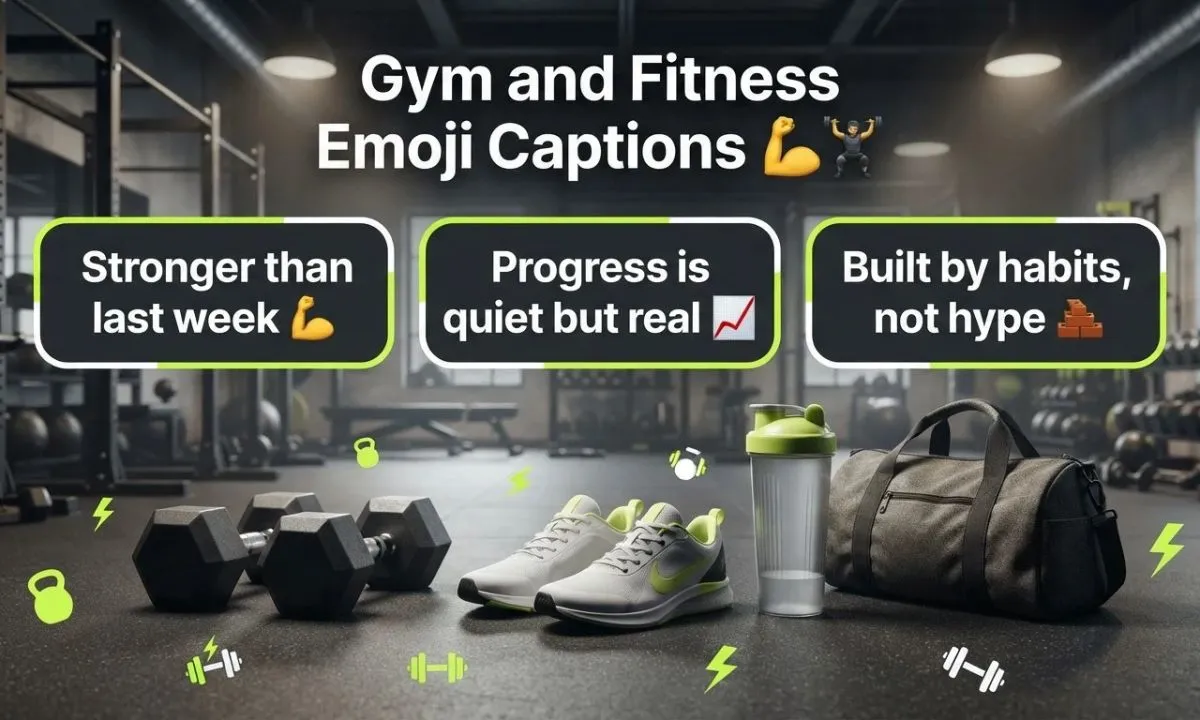 Gym and fitness emoji captions for Instagram featuring workout motivation, strength training, gym selfies, fitness progress, and exercise posts.
