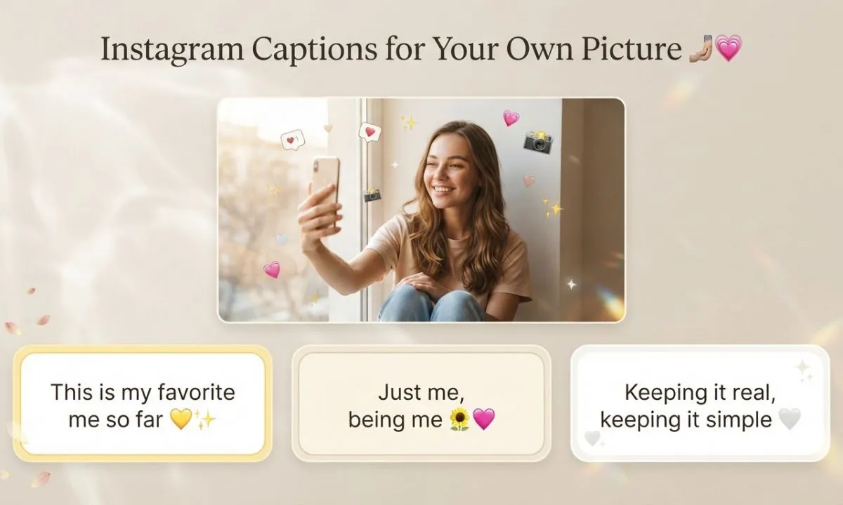 Instagram captions with emojis for your own picture, including selfie, portrait, confidence, happiness, and everyday photo captions.