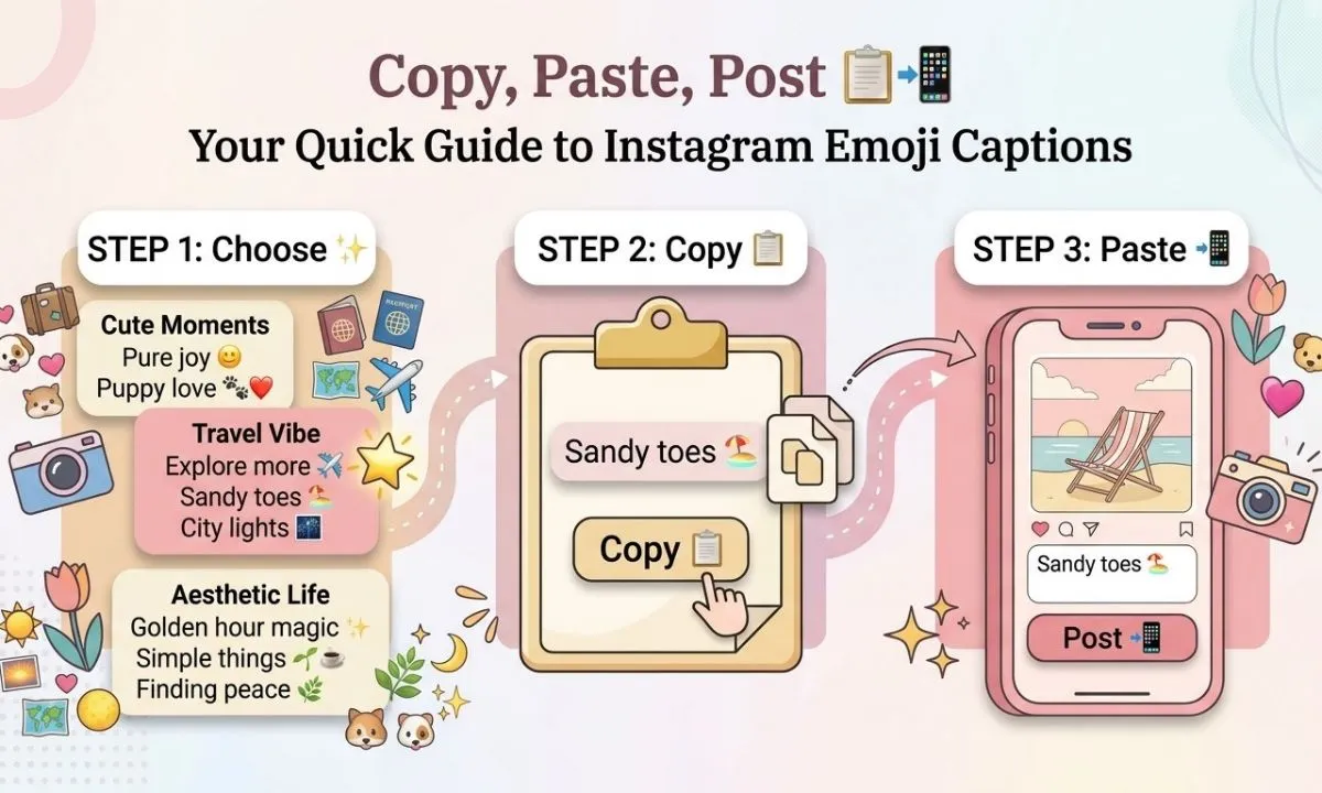 Instagram emoji captions copy and paste guide with short text, cute captions, emoji-only combinations, and easy posting steps.
