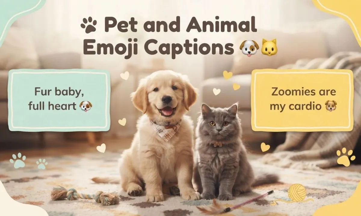 Pet and animal emoji captions for Instagram with cute and funny caption ideas for dogs, cats, puppies, and beloved pets.
