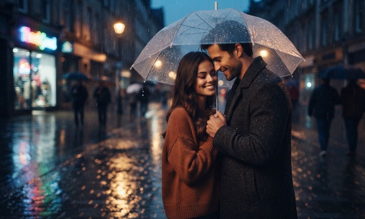 Rainy date night captions_ couple sharing an umbrella on a wet city street at night