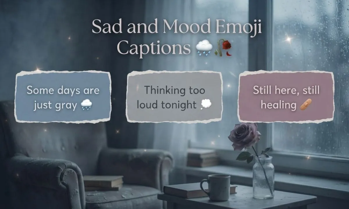 Sad and mood emoji captions for Instagram with thoughtful, emotional, and reflective caption ideas for rainy days and moody photos.
