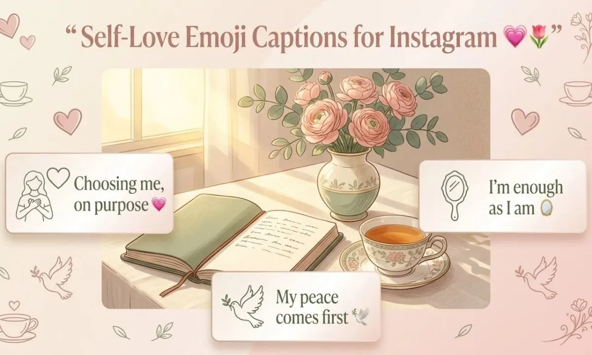 Self-love emoji captions for Instagram with positive ideas about self-acceptance, confidence, personal growth, peace, and self-care.