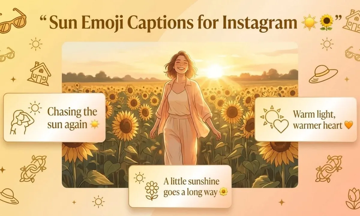 Sun emoji captions for Instagram with sunny, positive caption ideas for golden-hour selfies, outdoor photos, sunrises, and summer days.