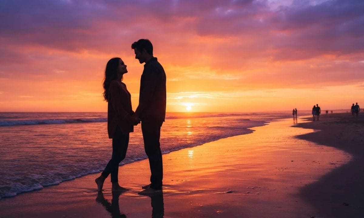 Sunset date night captions_ couple silhouette holding hands on a beach at golden hour