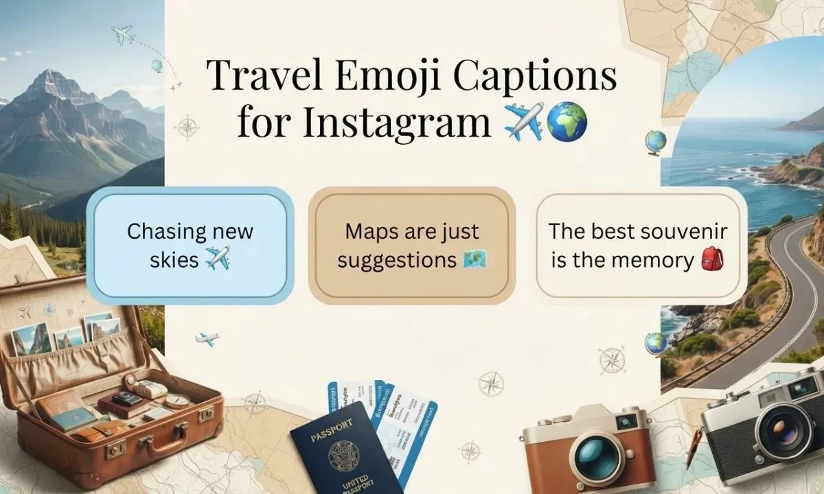 Travel emoji captions for Instagram with ideas for vacations, airport photos, mountain views, new cities, and travel memories.