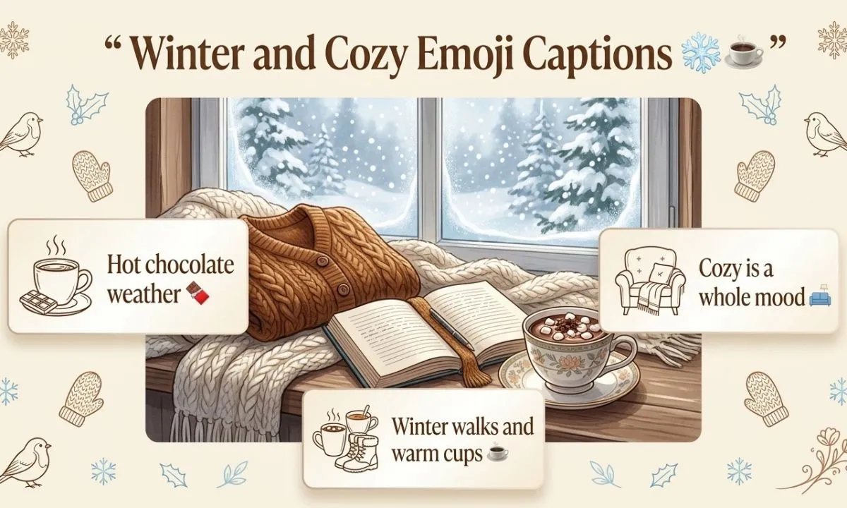 Winter and cozy emoji captions for Instagram featuring cold-weather outfits, hot chocolate, blankets, snowy days, and relaxing moments.