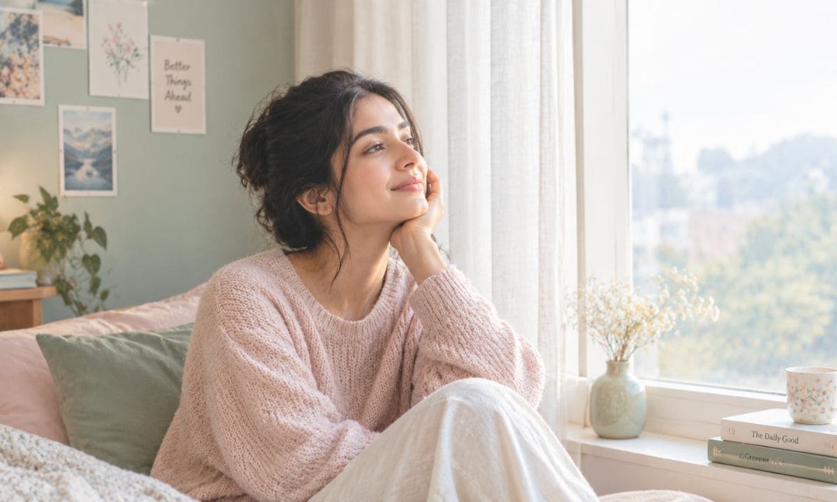 Aesthetic soft-toned photo of a person alone by a window