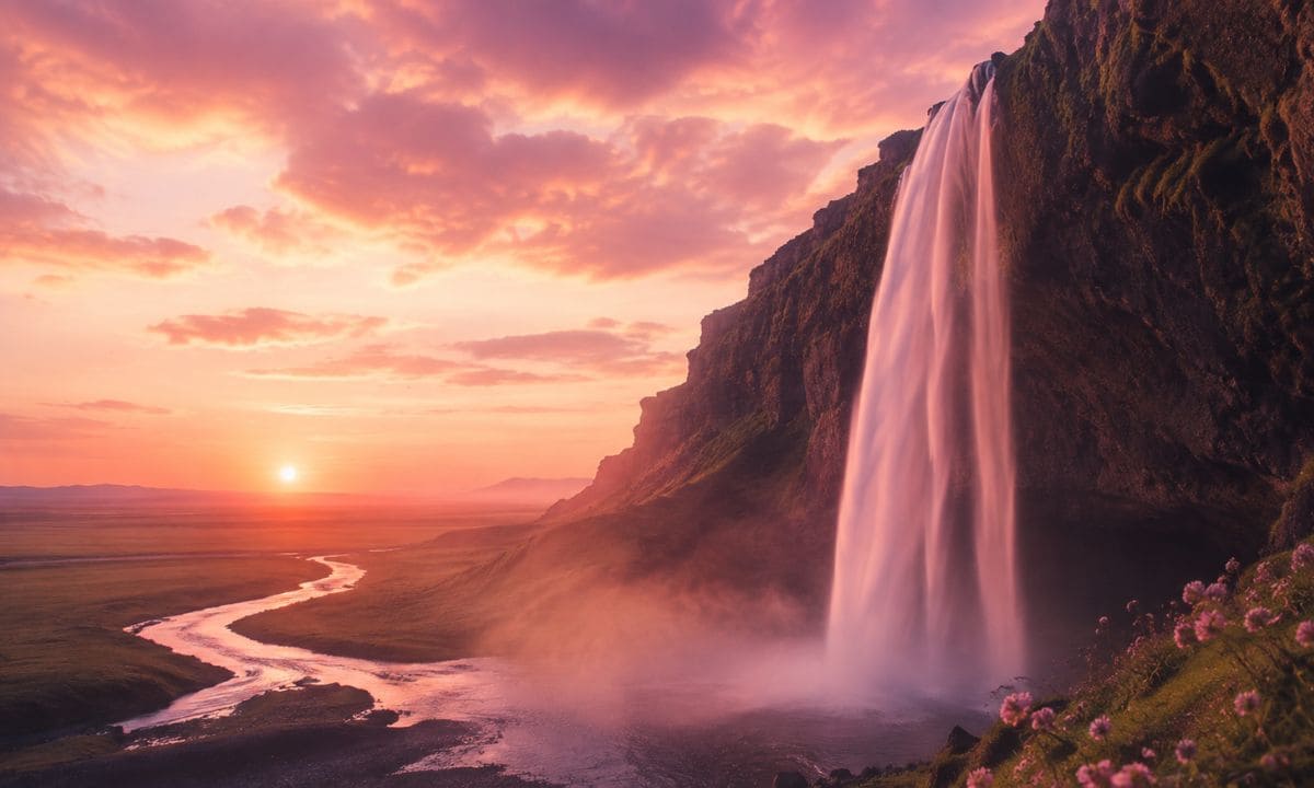 Aesthetic waterfall captions for Instagram with soft golden hour waterfall photo