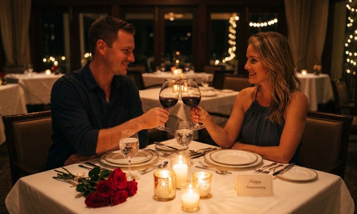 Anniversary boyfriend captions couple toasting dinner celebration