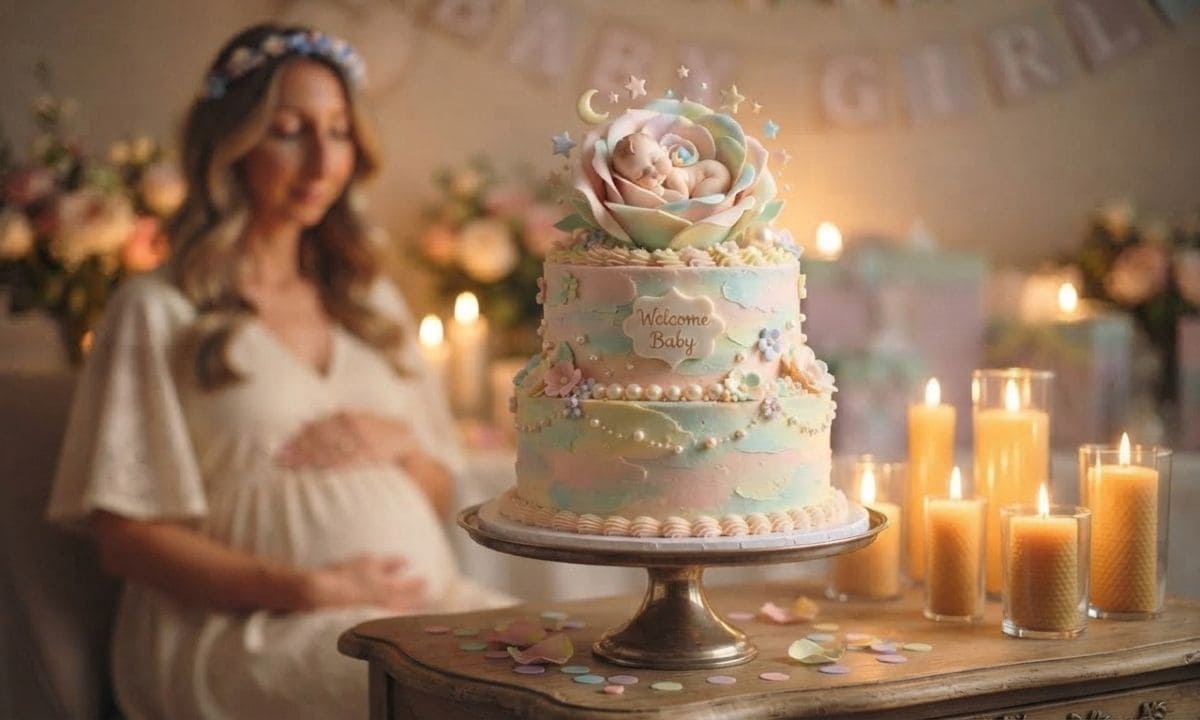 Baby shower cake with pastel decorations