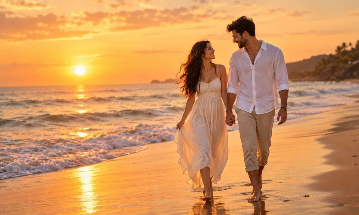 Barefoot couple walking along a beach at sunset.