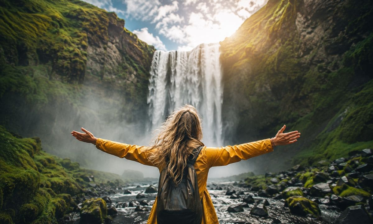 Best enjoying waterfall captions for Instagram with person feeling free near waterfall
