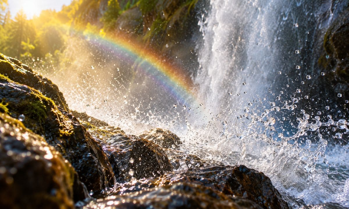 Best waterfall captions for Instagram with sunlit water droplets and rainbow mist