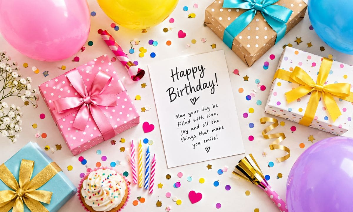 Birthday flat lay with balloons gifts and confetti for sister
