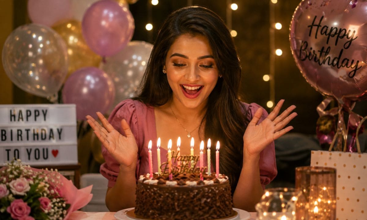 Birthday wife captions woman celebrating birthday with cake