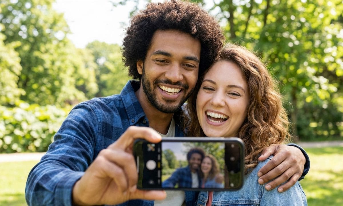 Boyfriend selfie captions couple taking photo outdoors