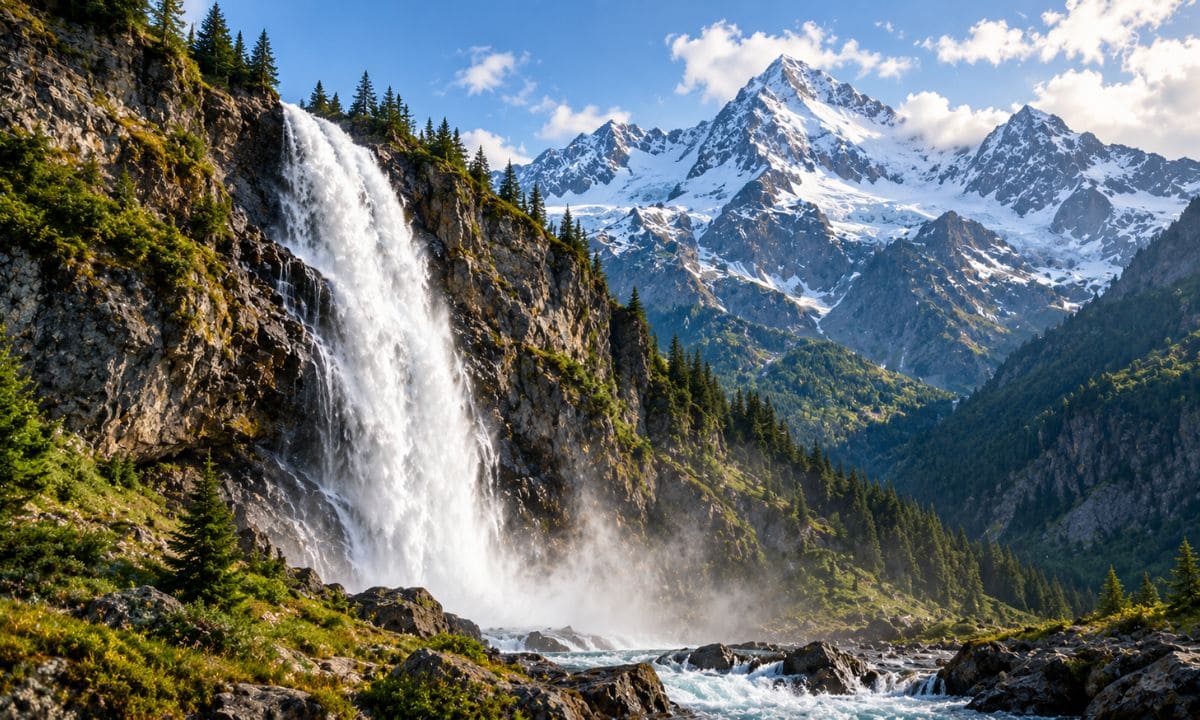 Breathtaking mountain waterfall captions for Instagram with tall cascading waterfall