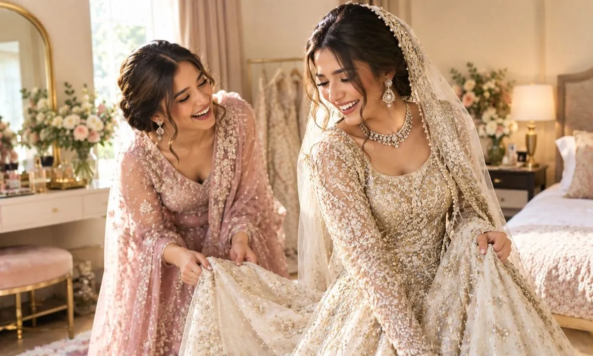 Bride and her friend laughing while getting ready.