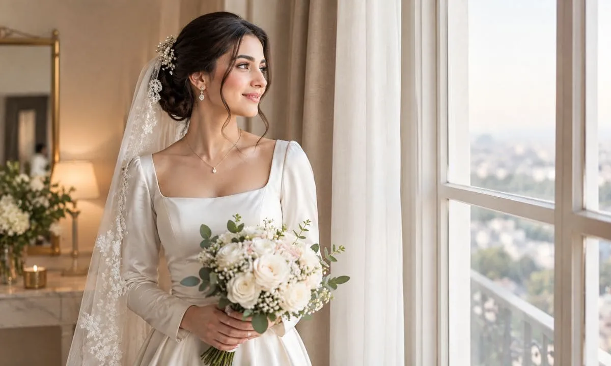 Bride in a silk gown by a window in soft natural light.