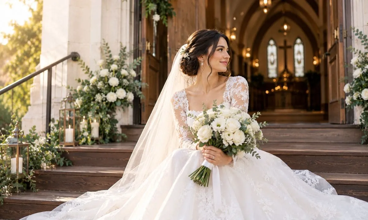 Bride in white gown holding a rose bouquet on chapel steps.