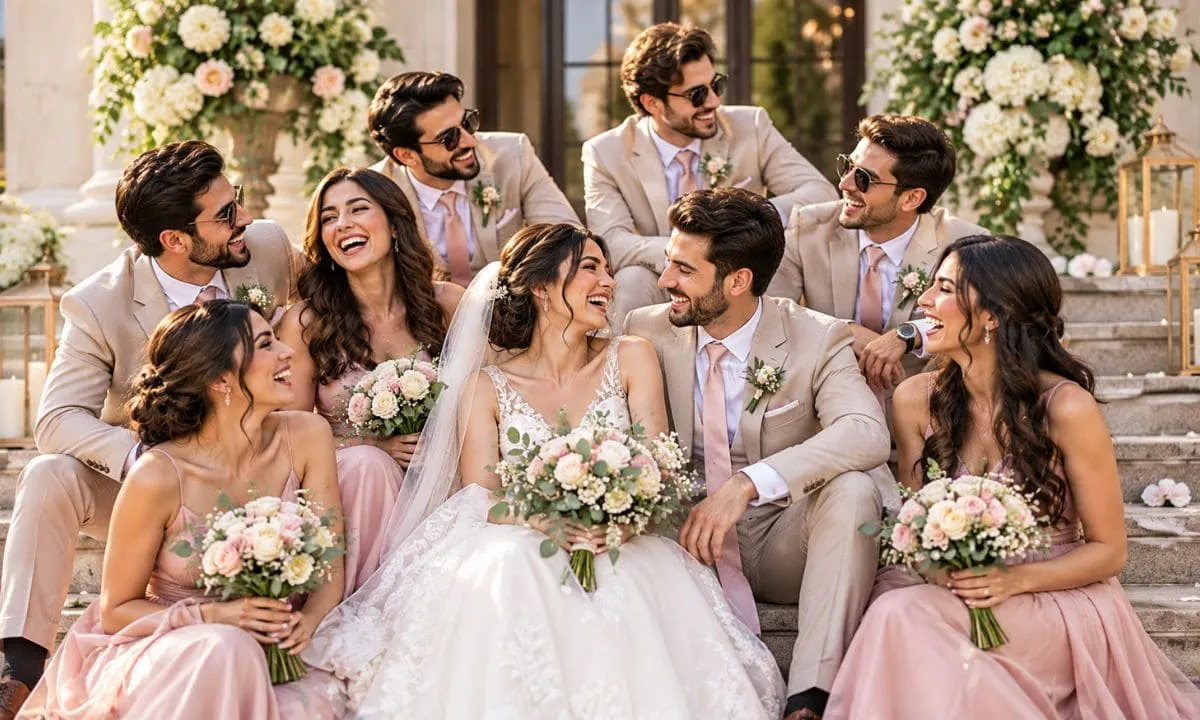 Bridesmaids and groomsmen laughing together on the steps.