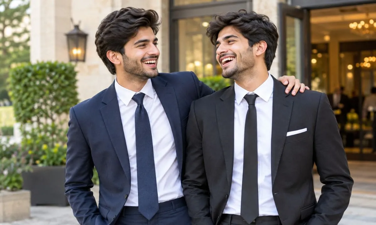 Brothers in suits laughing at a wedding.