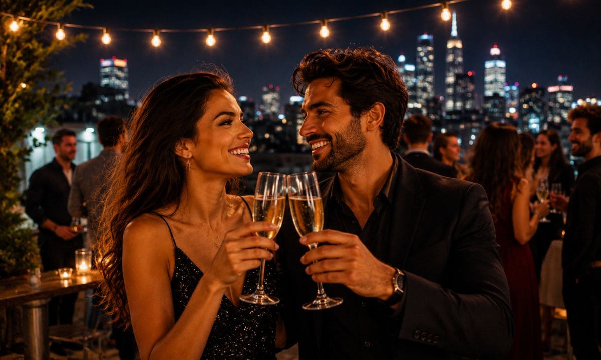 Celebration captions together couple toasting rooftop party