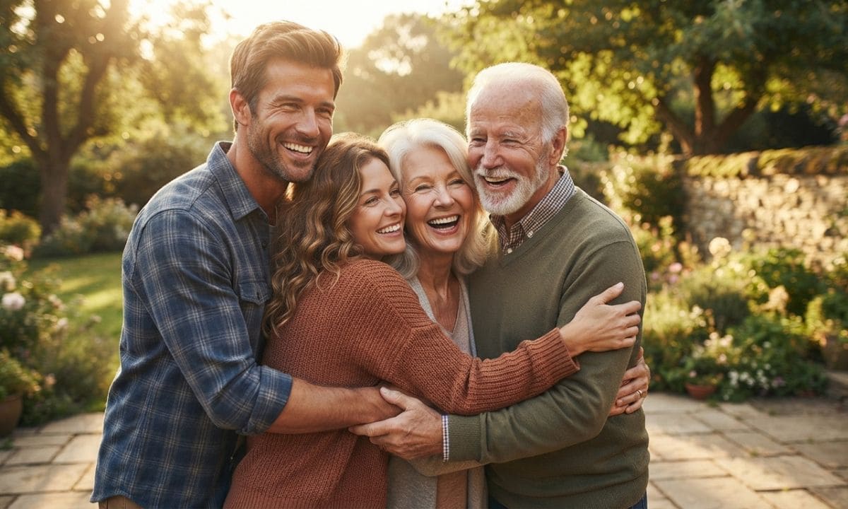 _Child hugging parents warmly outdoors, family captions with parents for Instagram