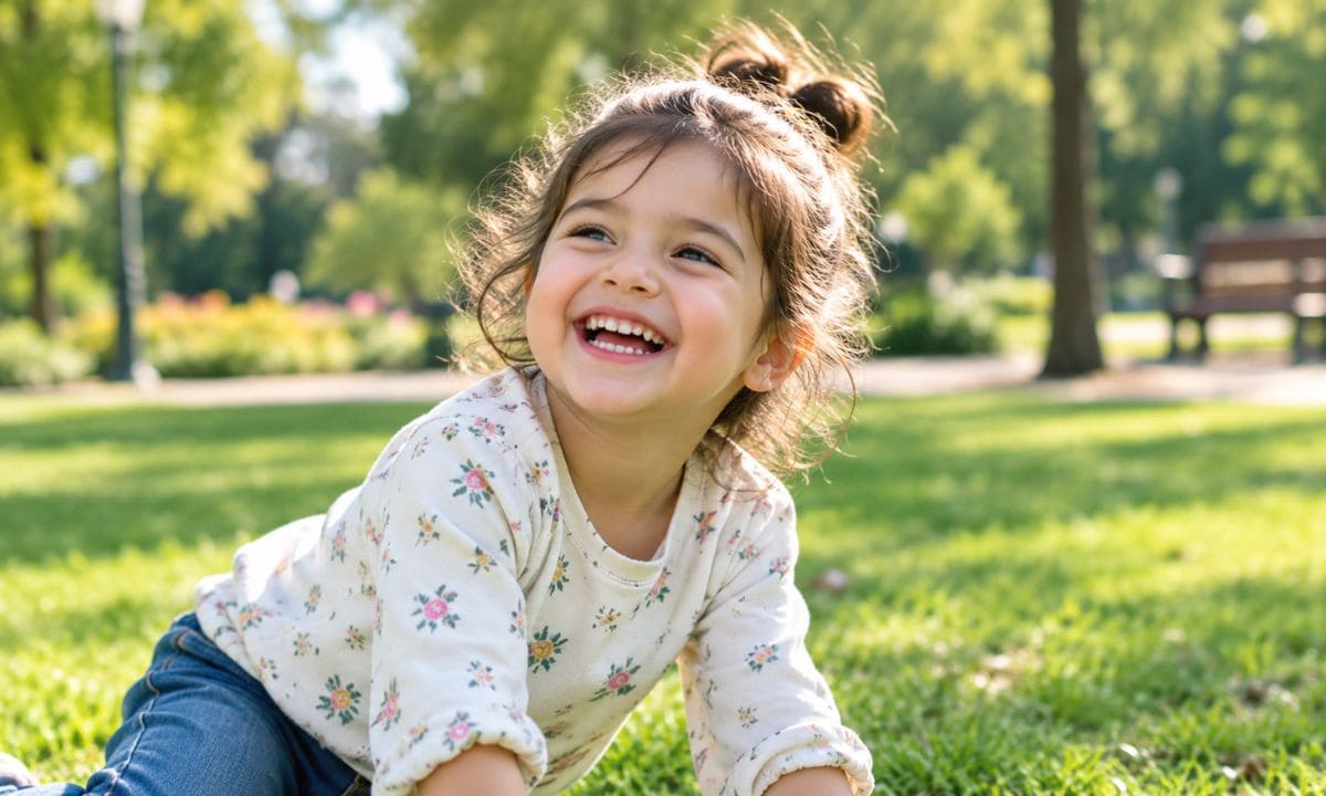 Child laughing candidly in the park for child candid captions