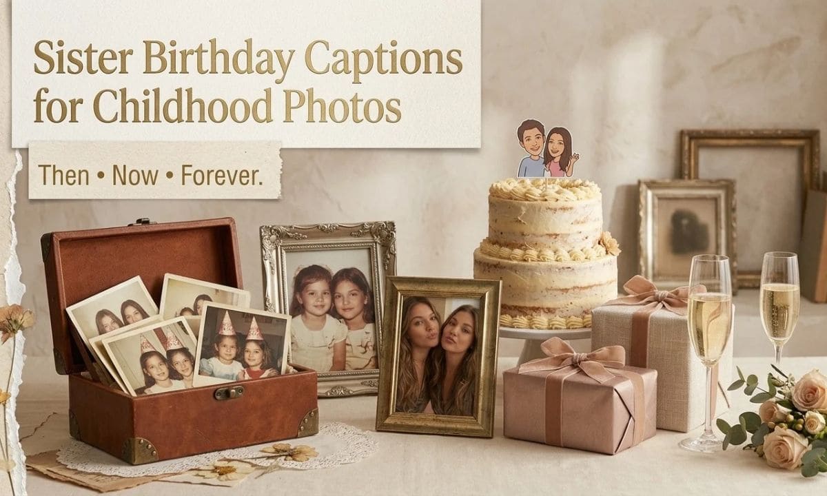 Childhood and present-day sister photographs displayed together beside a birthday cake and nostalgic family keepsakes.