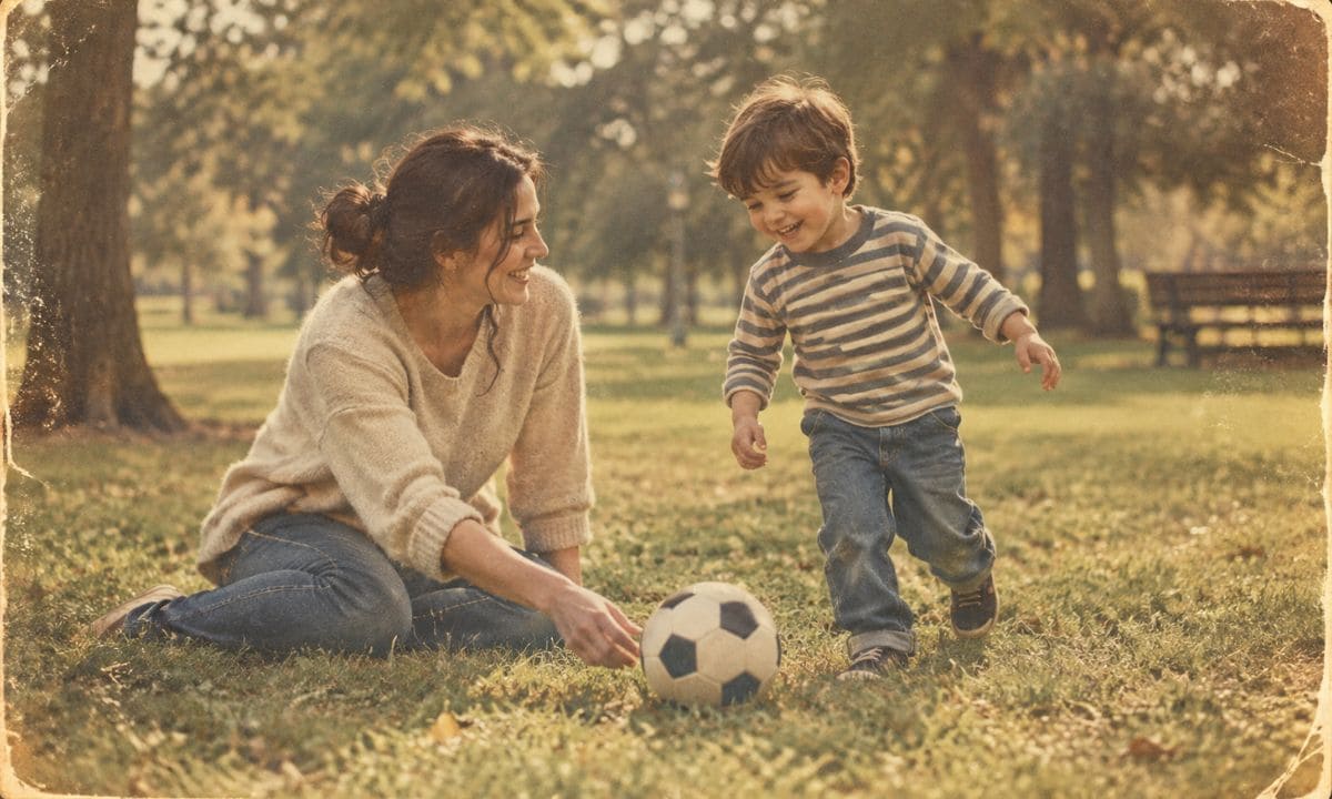Childhood memory caption photo of mother and son at the park