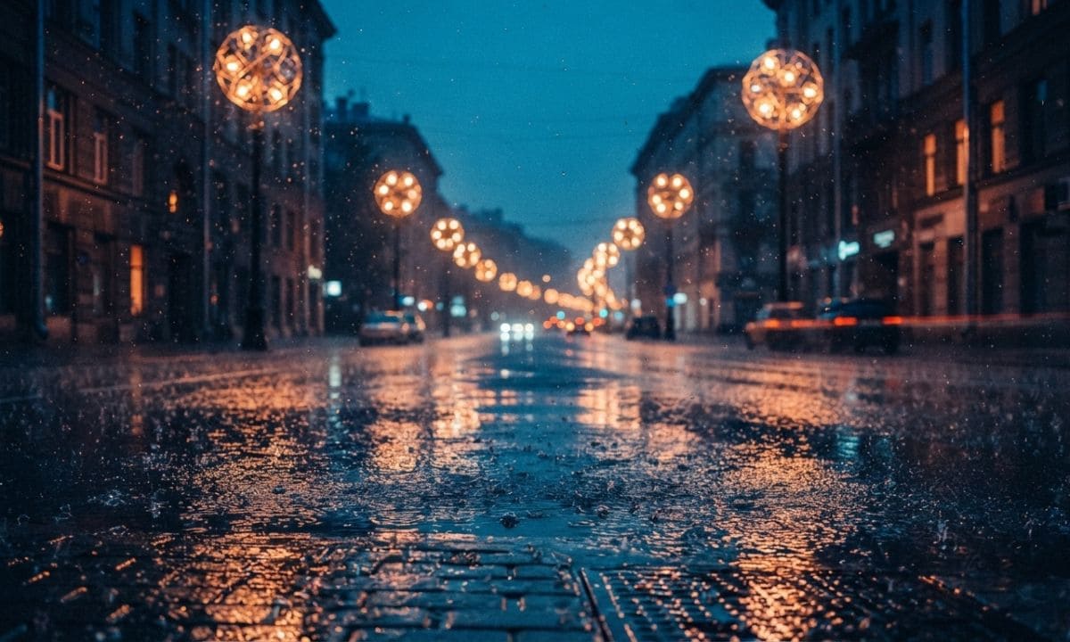 City lights reflecting on wet street for night rain captions for Instagram