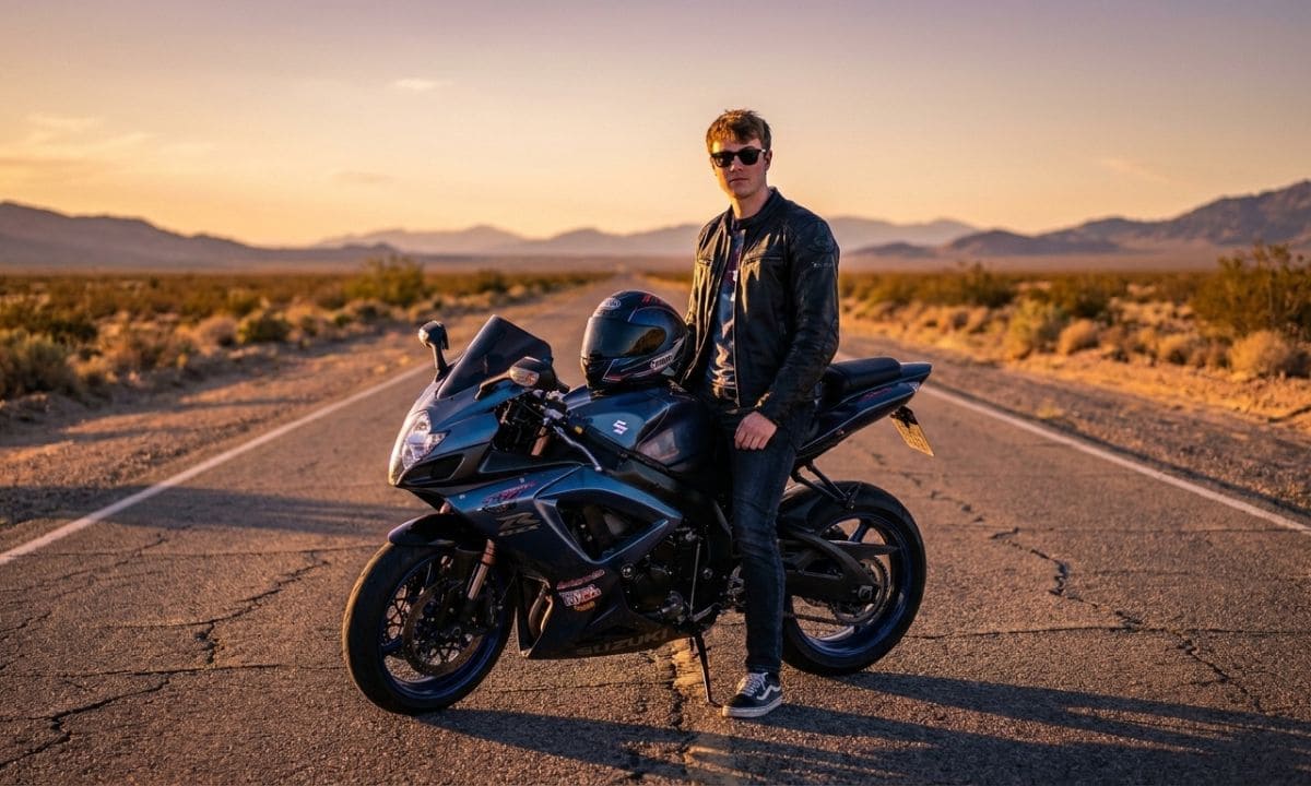 Confident rider in leather jacket beside black motorcycle for attitude bike captions