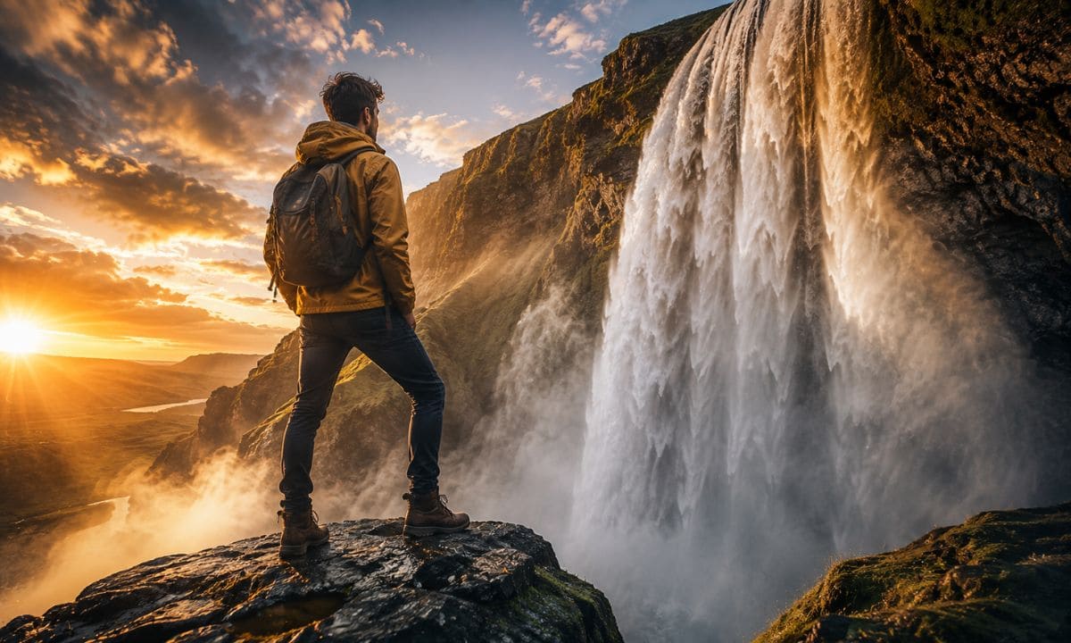 Cool waterfall captions for Instagram for boys with man standing near powerful waterfall