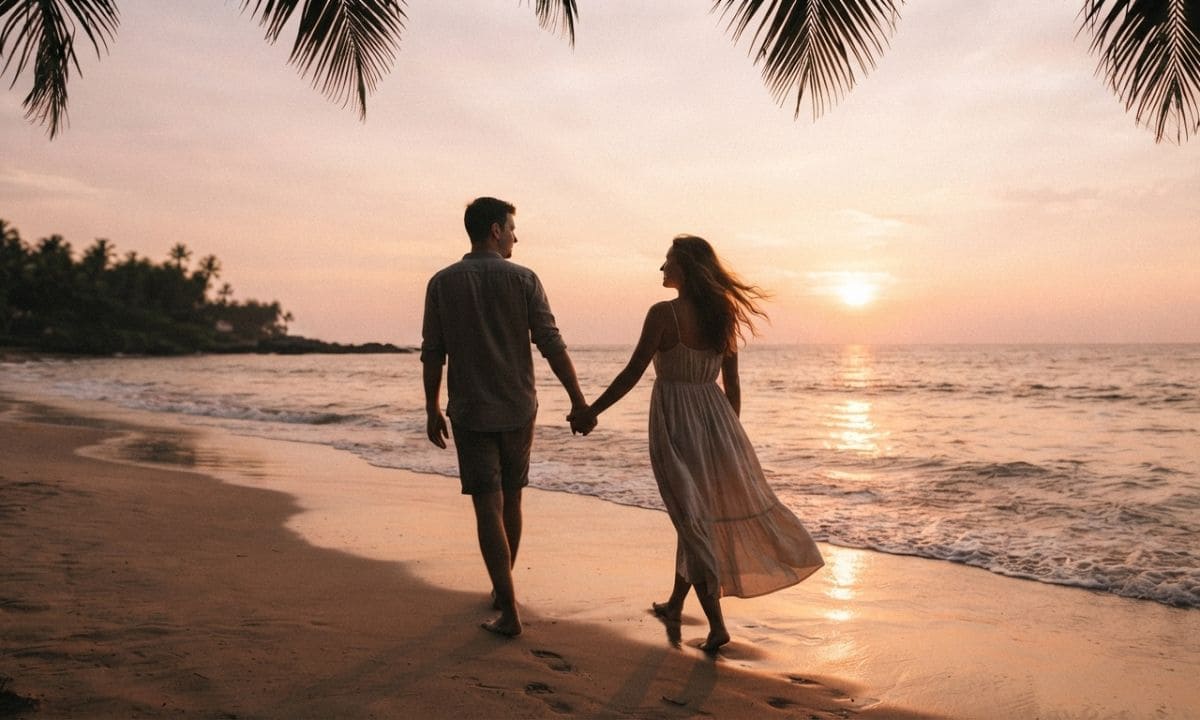 Couple holding hands on the beach for a romantic Goa captions post
