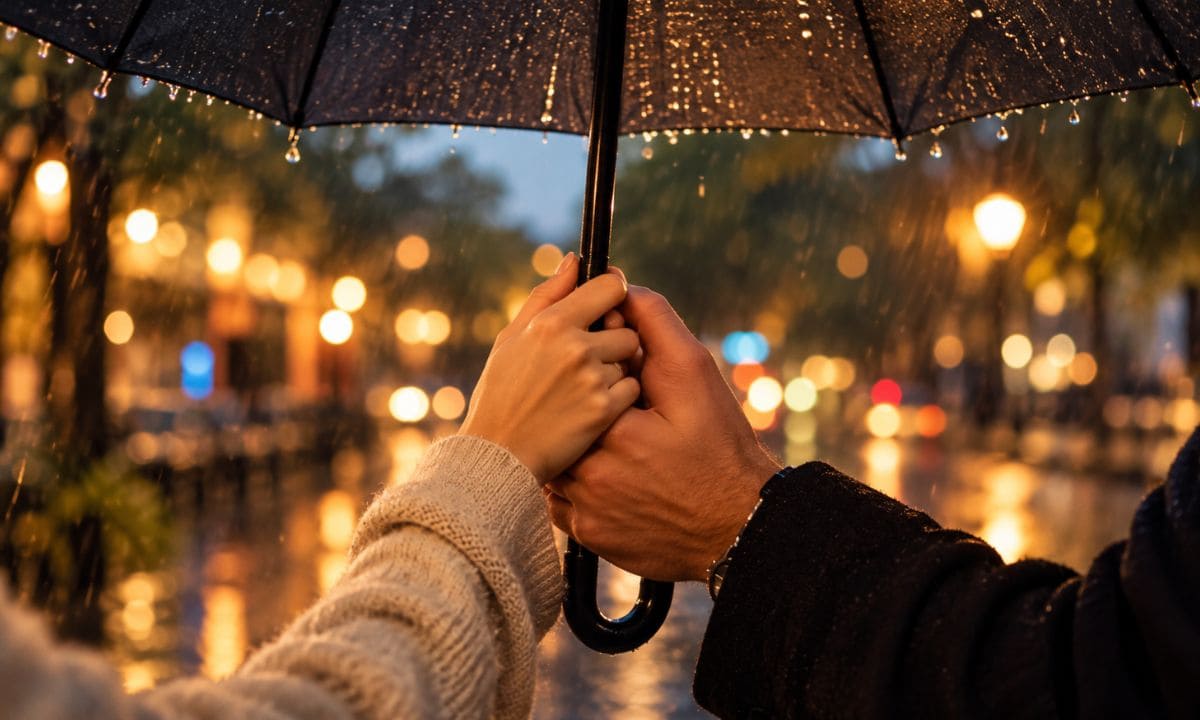 _Couple holding umbrella together for romantic rain captions for Instagram