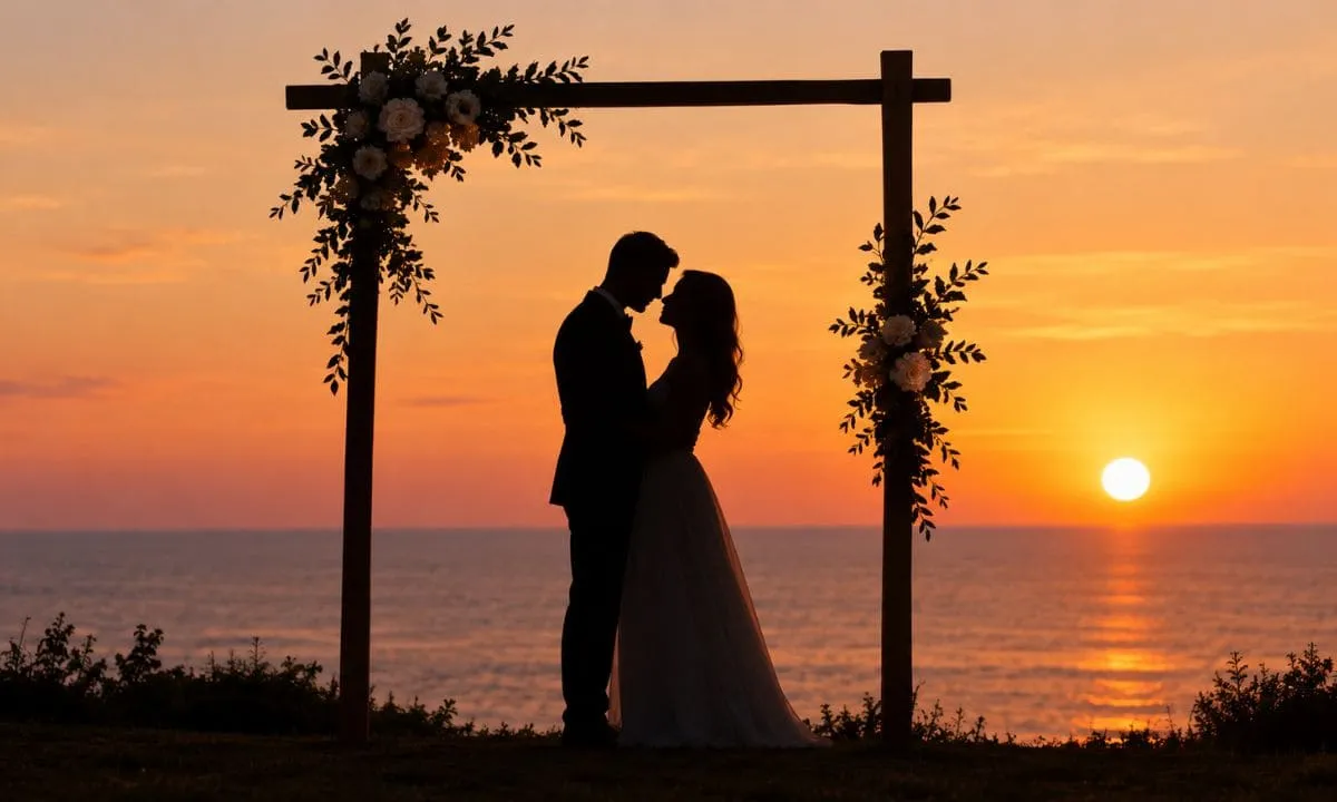 Couple in silhouette under a floral arch at sunset.
