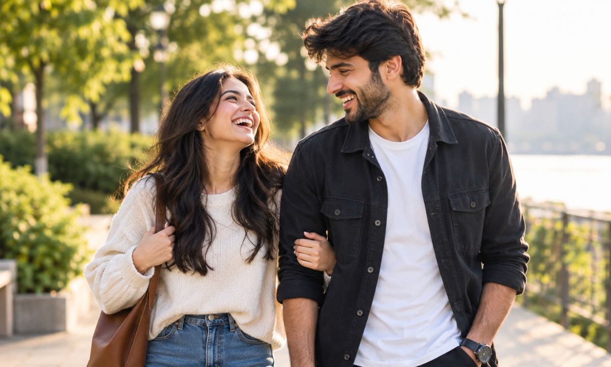 Couple laughing candidly outdoors for couple candid captions